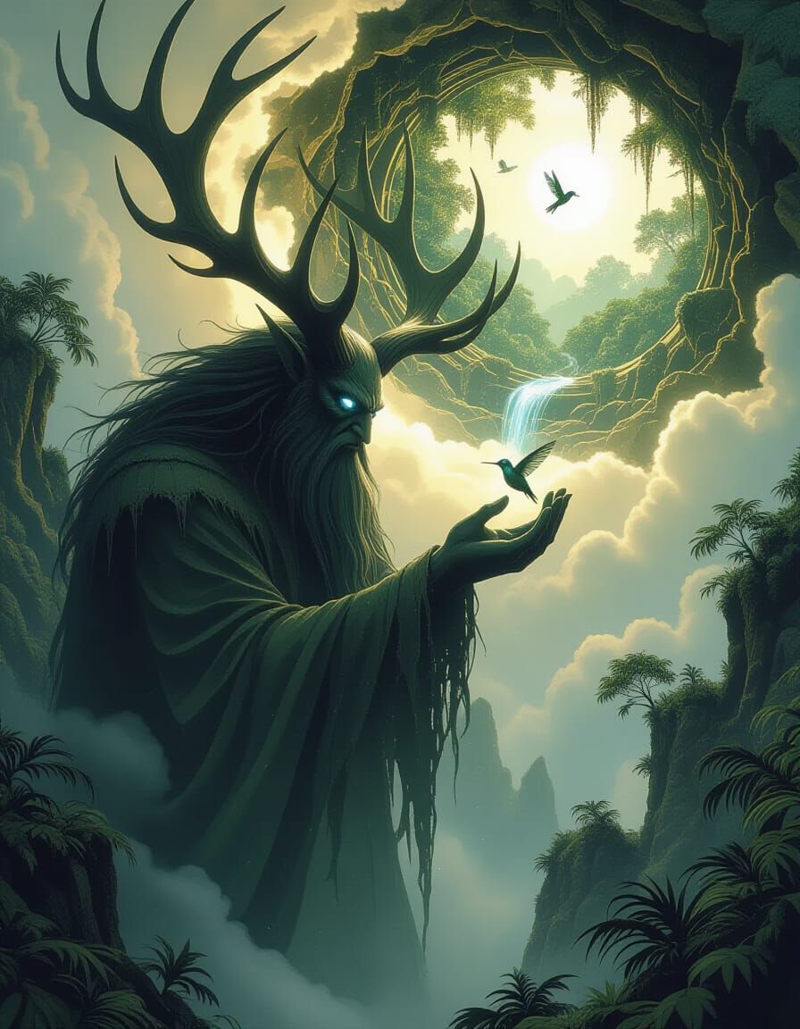 Antlered Giant with Hummingbird and Time Portal