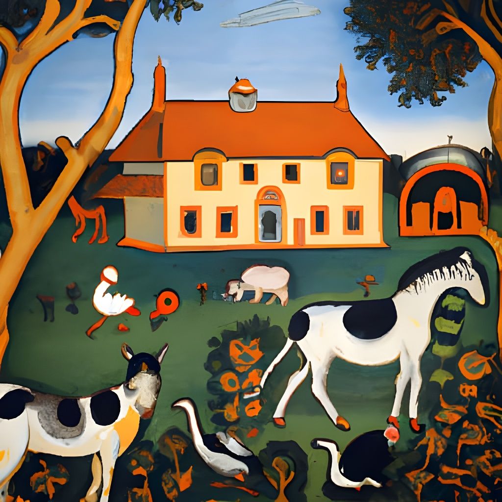 Farmhouse Scene in Naive Art Style