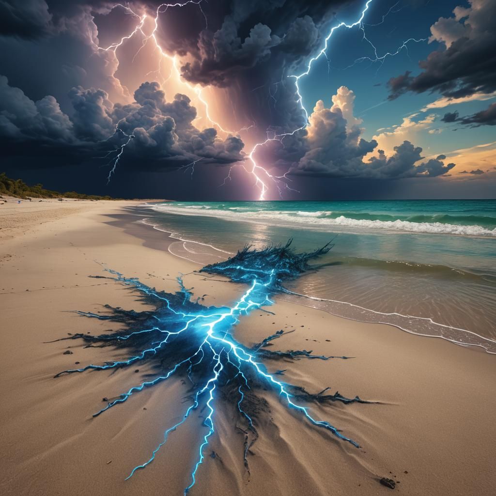 Electric Lightning Strikes Beach Sand, Astral Illustration