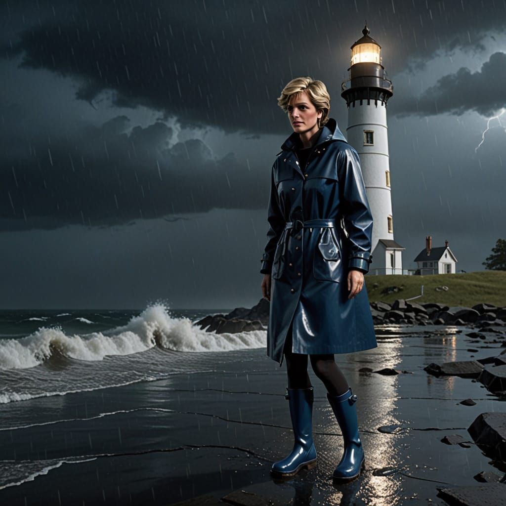Princess Diana in Raincoat at Lighthouse: 3D Game Art