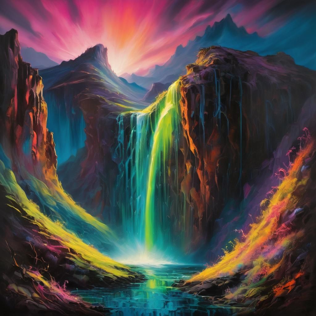 Fluorescent Waterfall in a Surreal Oil Painting