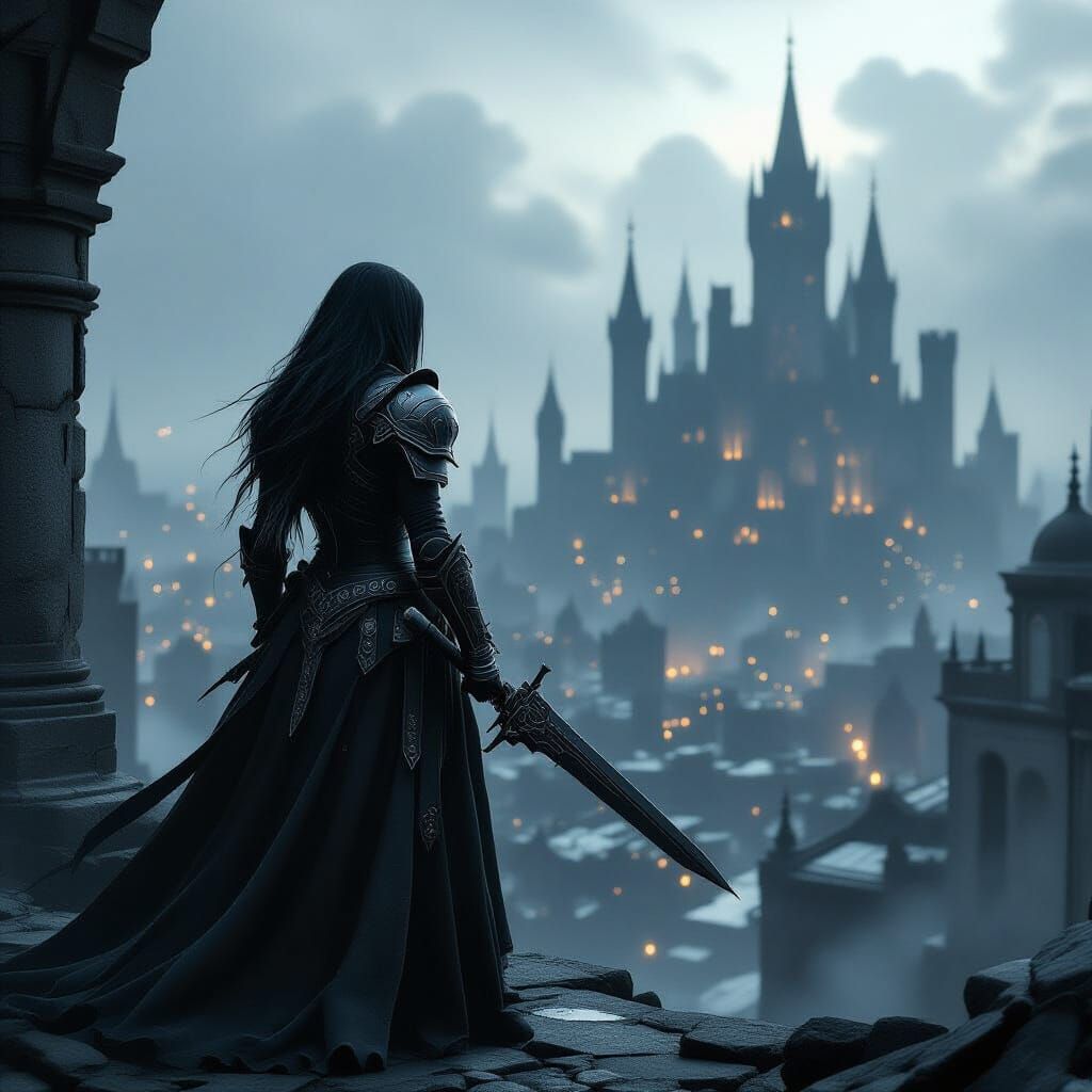 Warrior Queen Surveys Decaying City in Dark Fantasy Style