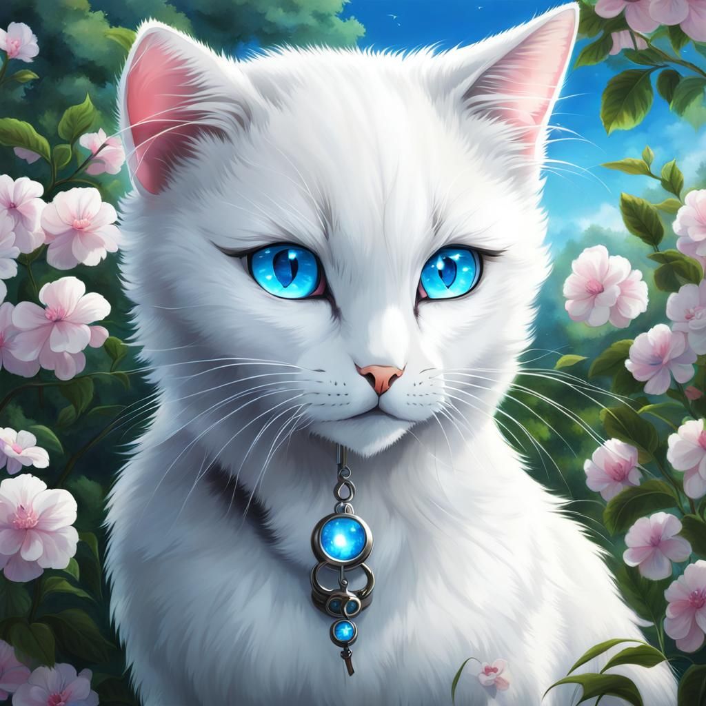 Anime White Cat with Blue Eyes