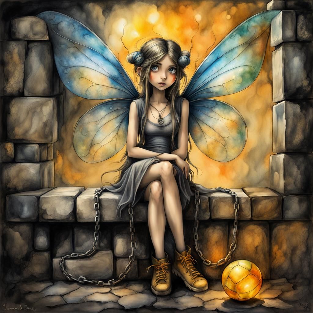 Sad Fairy Prisoner in Surrealist Watercolour Style