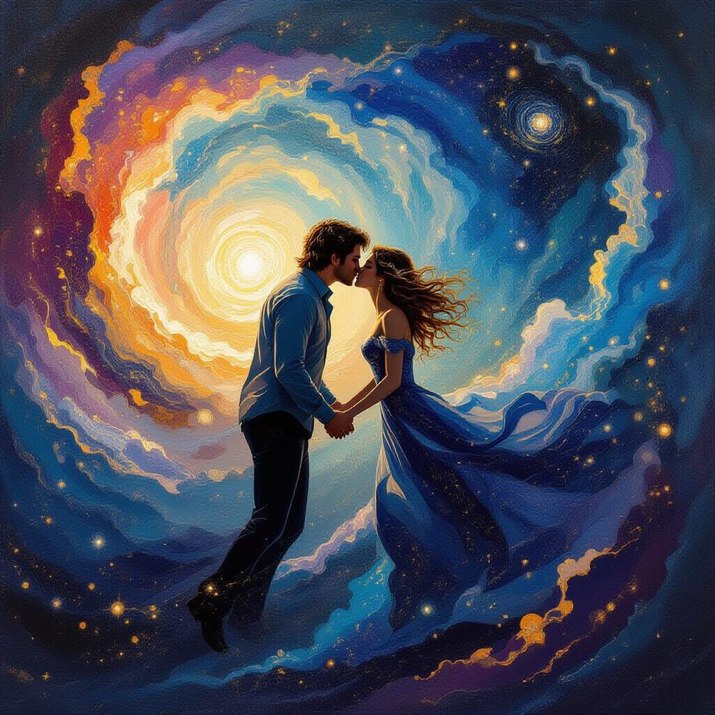 Astral Couple's Cosmic Kiss in Van Gogh Style