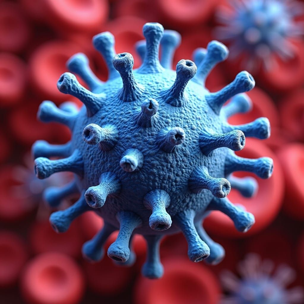 Detailed 3D Rendering of a Blue Virus Particle