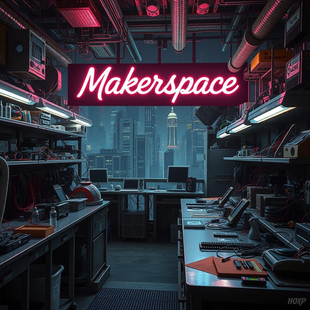 Futuristic Makerspace in Cyberpunk Sci-Fi Style