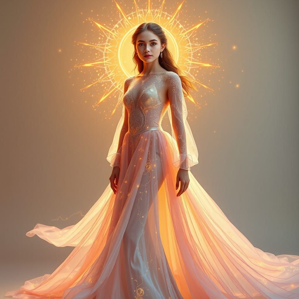 Ethereal Goddess in Radiant Gown with Celestial Embroidery