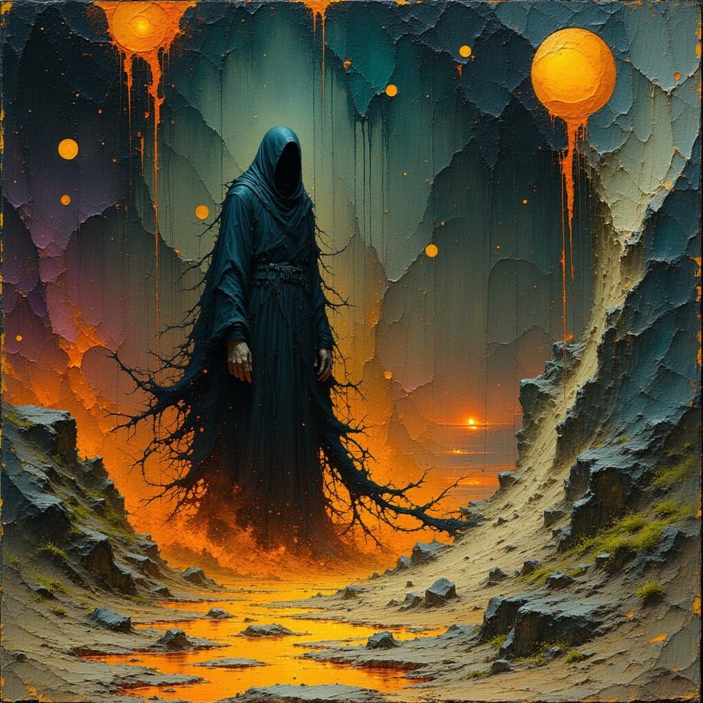 Earthen Robed Creature Emerges in Biomechanical Landscape