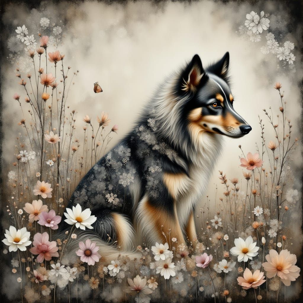 Watercolor Dog in Misty Night Forest