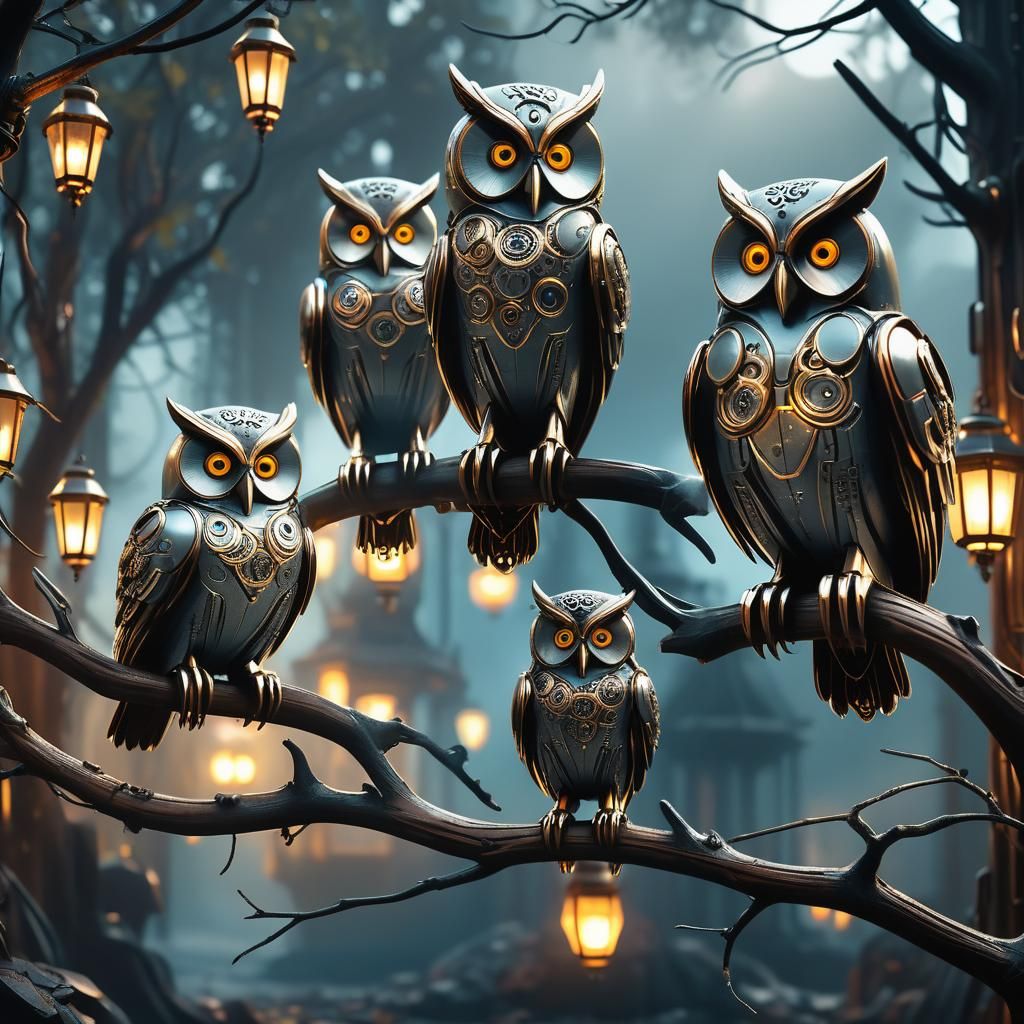 Steampunk Owls on Branch in Cinematic Sci-Fi Art
