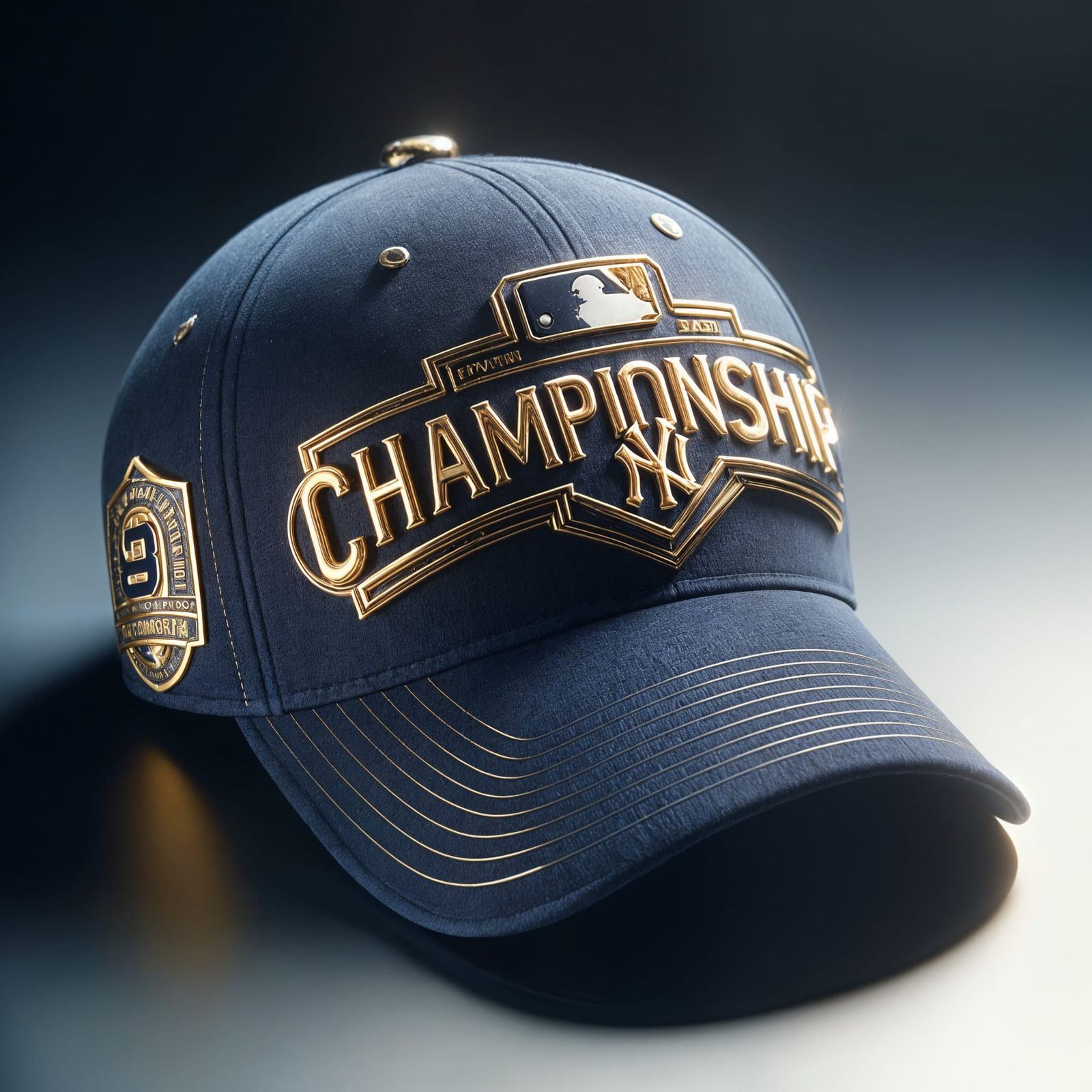 Navy Baseball Cap with Gold Logo: Hyperrealistic Image