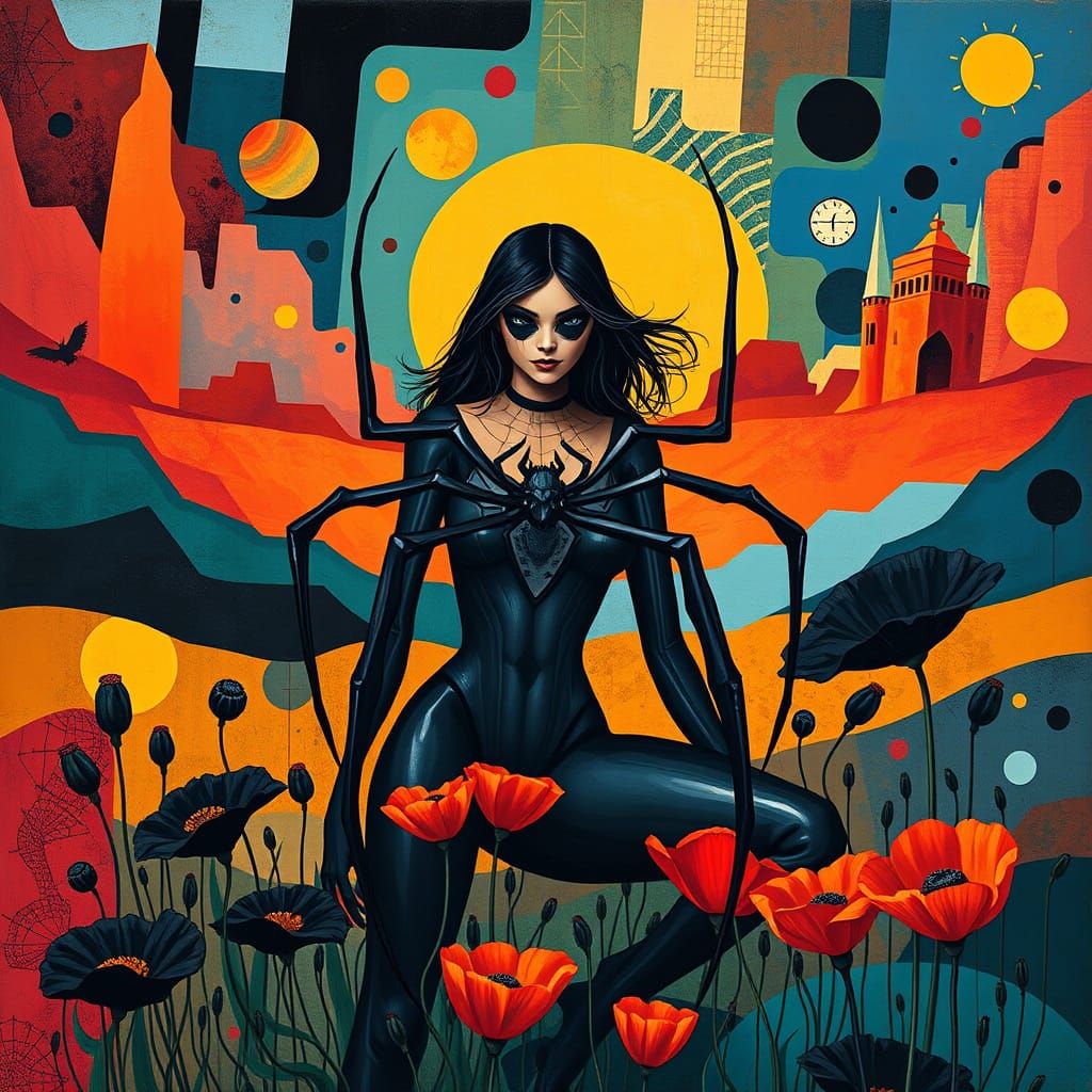 Spider Woman in Surreal Abstract Landscape