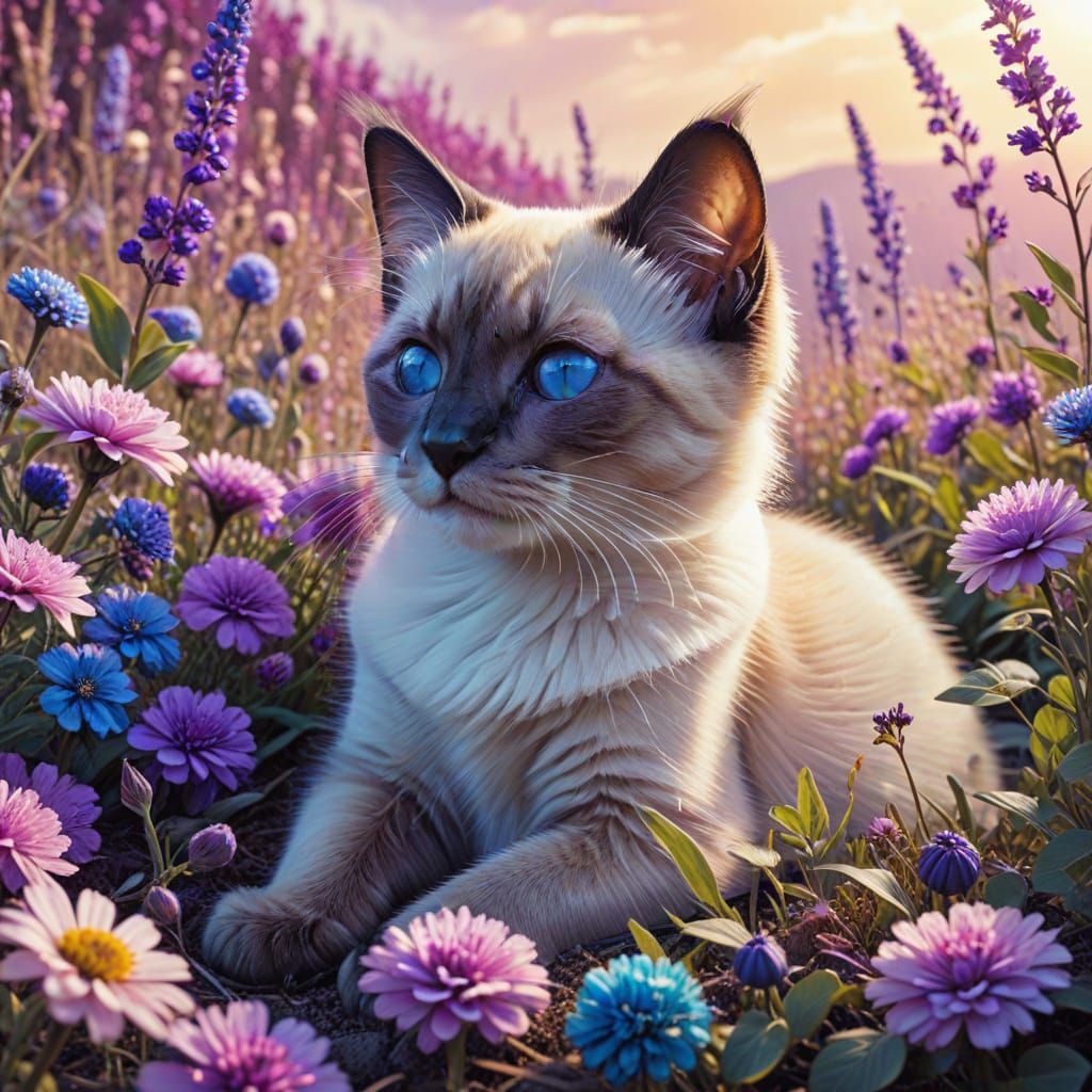 Cute Fluffy Kitten in a Colorful Flower Field