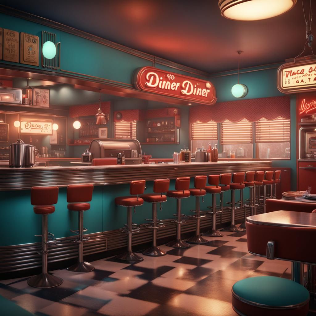 Nostalgic 1950s Diner in Detailed Digital Painting