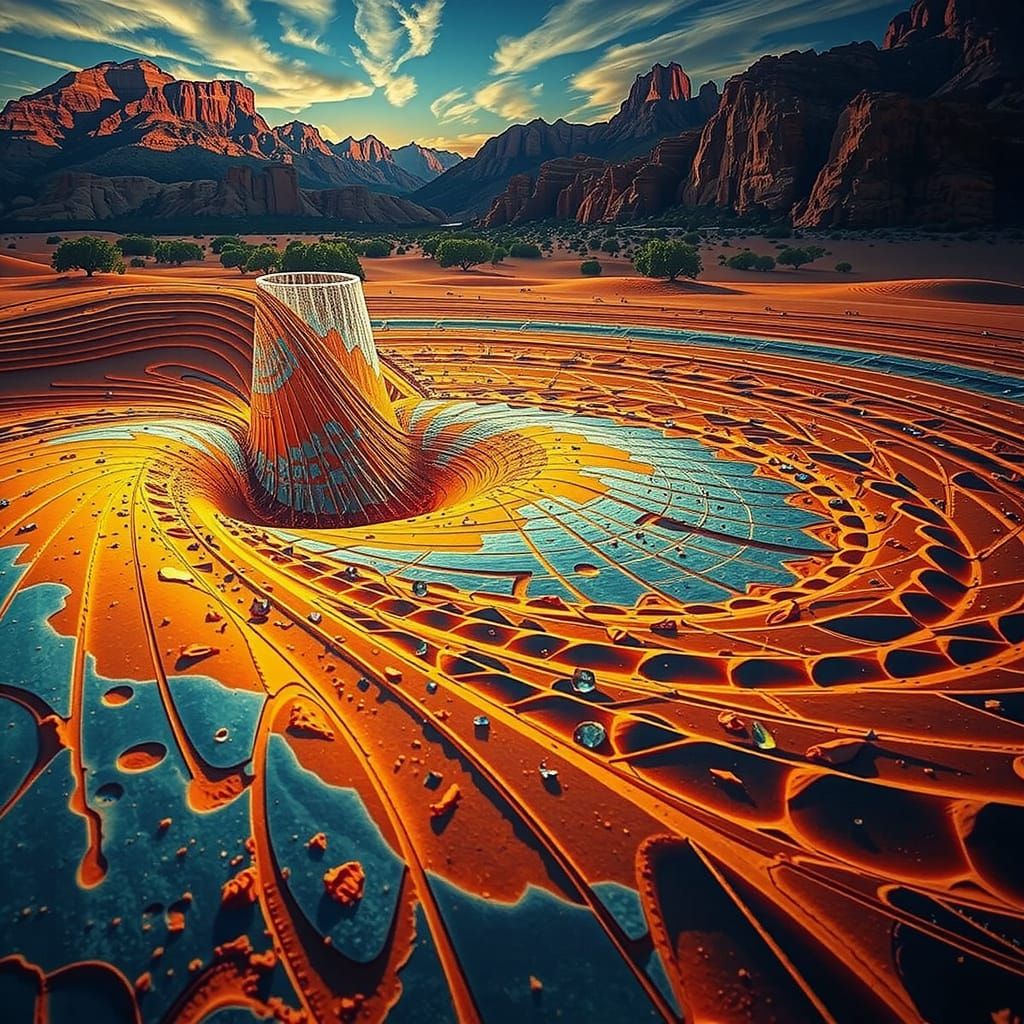 Golden Sand Spiral in Ochre Desert Sunset