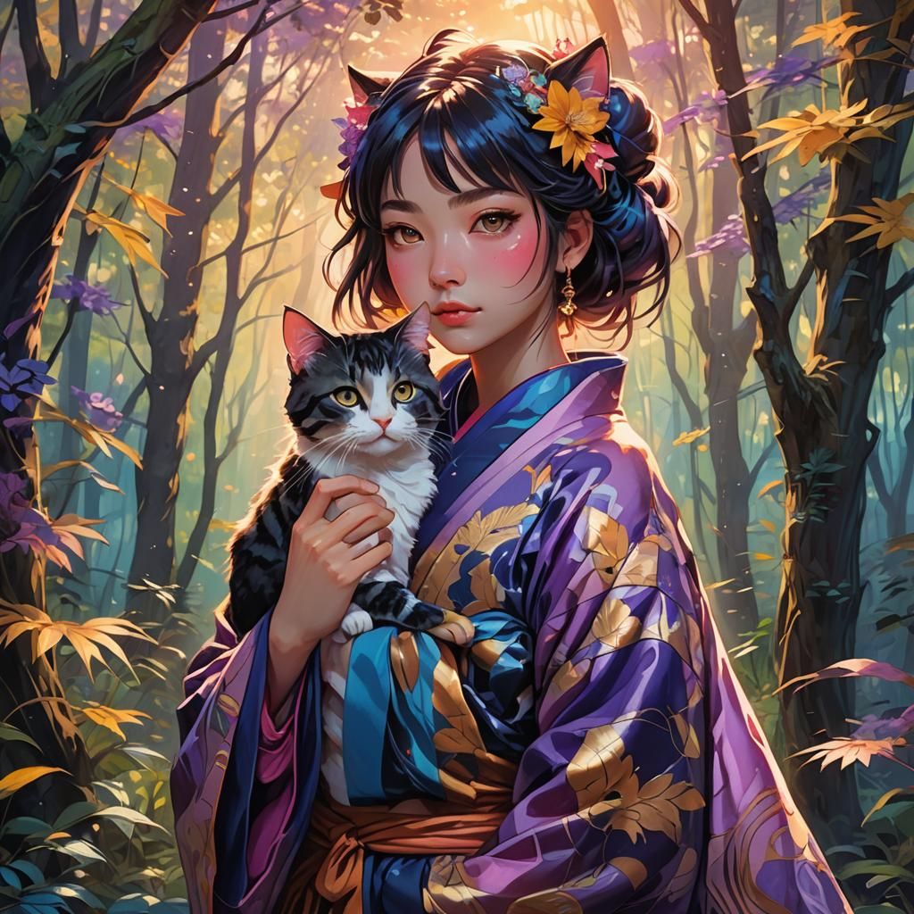 Anime Girl with Cat in Mystical Forest Painting