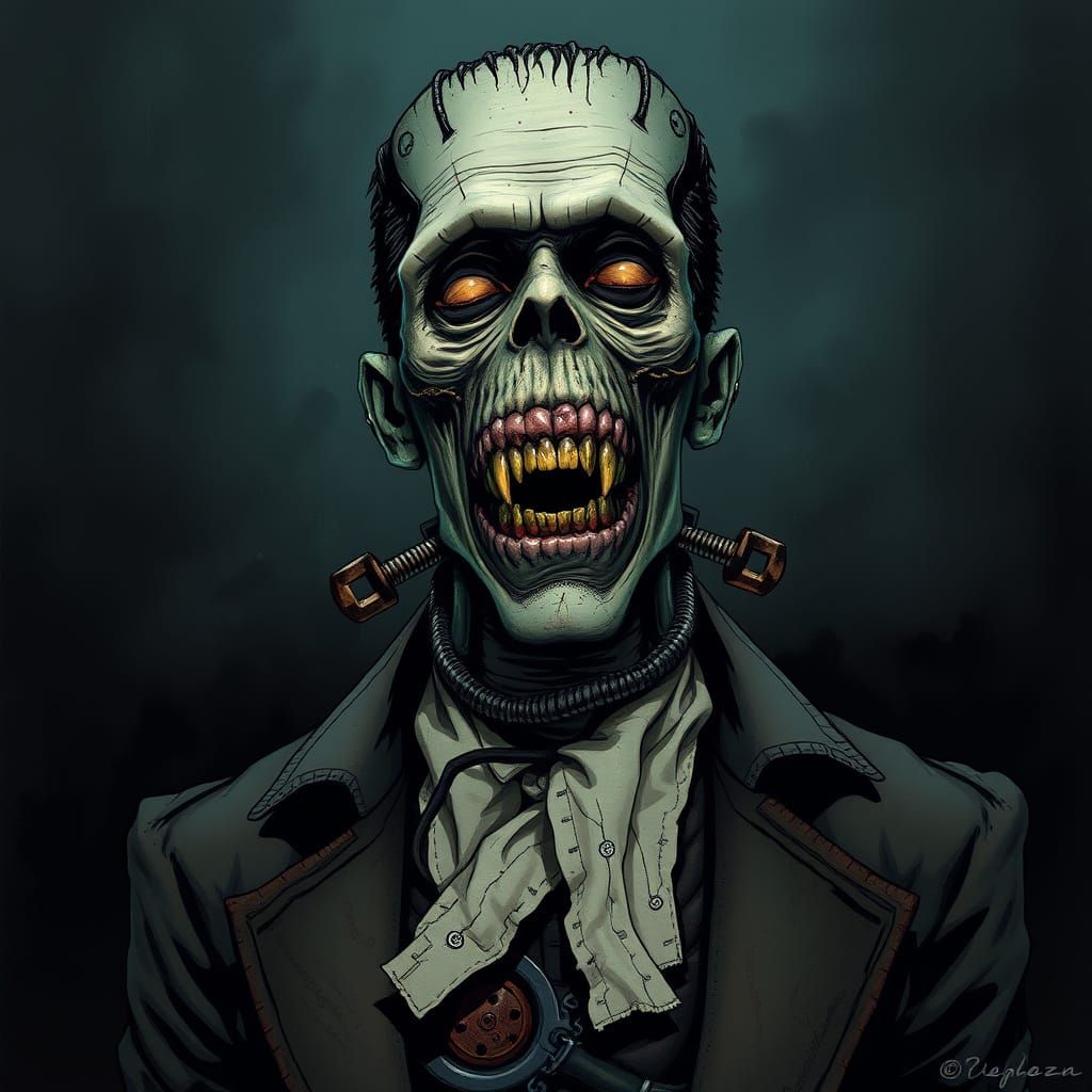 Menacing Frankenstein Creature in Biomechanical Horror Style