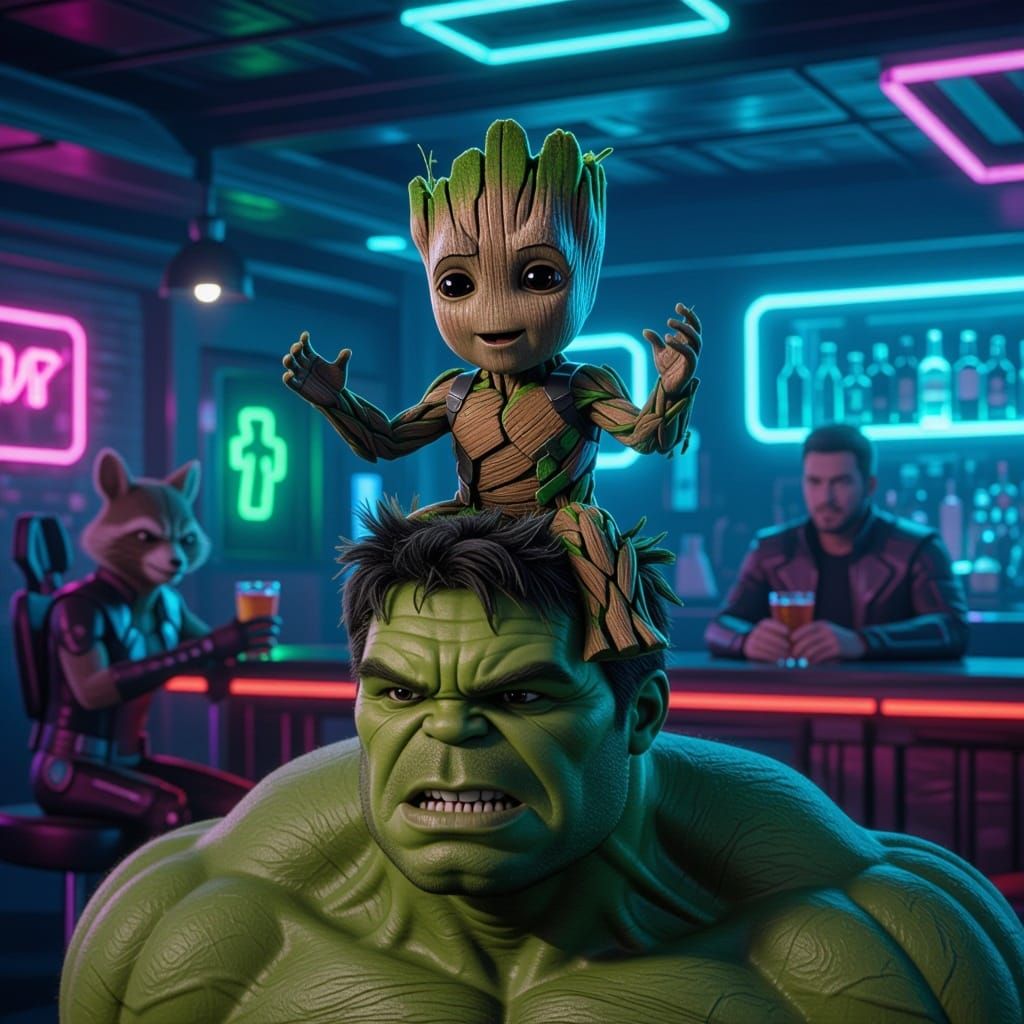 Baby Groot Dancing on the Hulk's Head in a Futuristic Neon B...