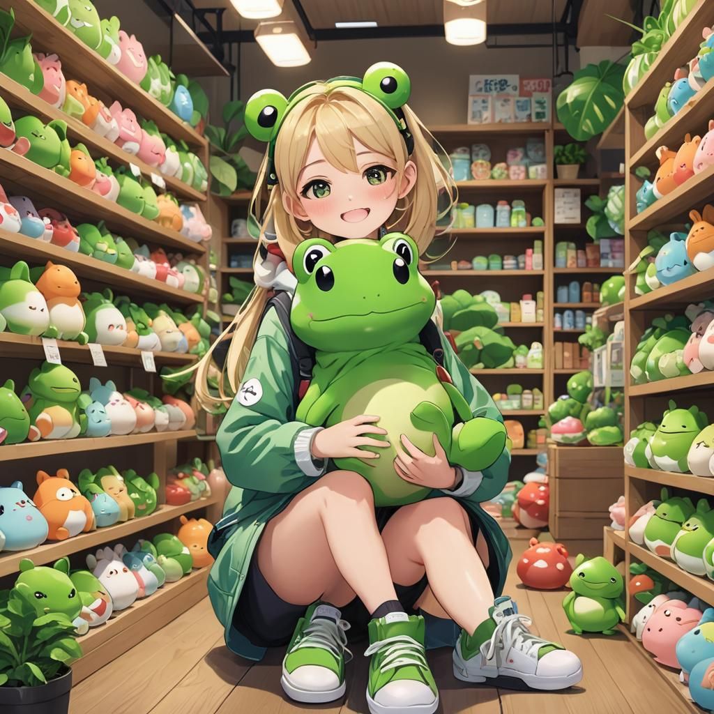 Girl in Kawaii Frog Outfit in Squishmallow Store: Anime Styl...