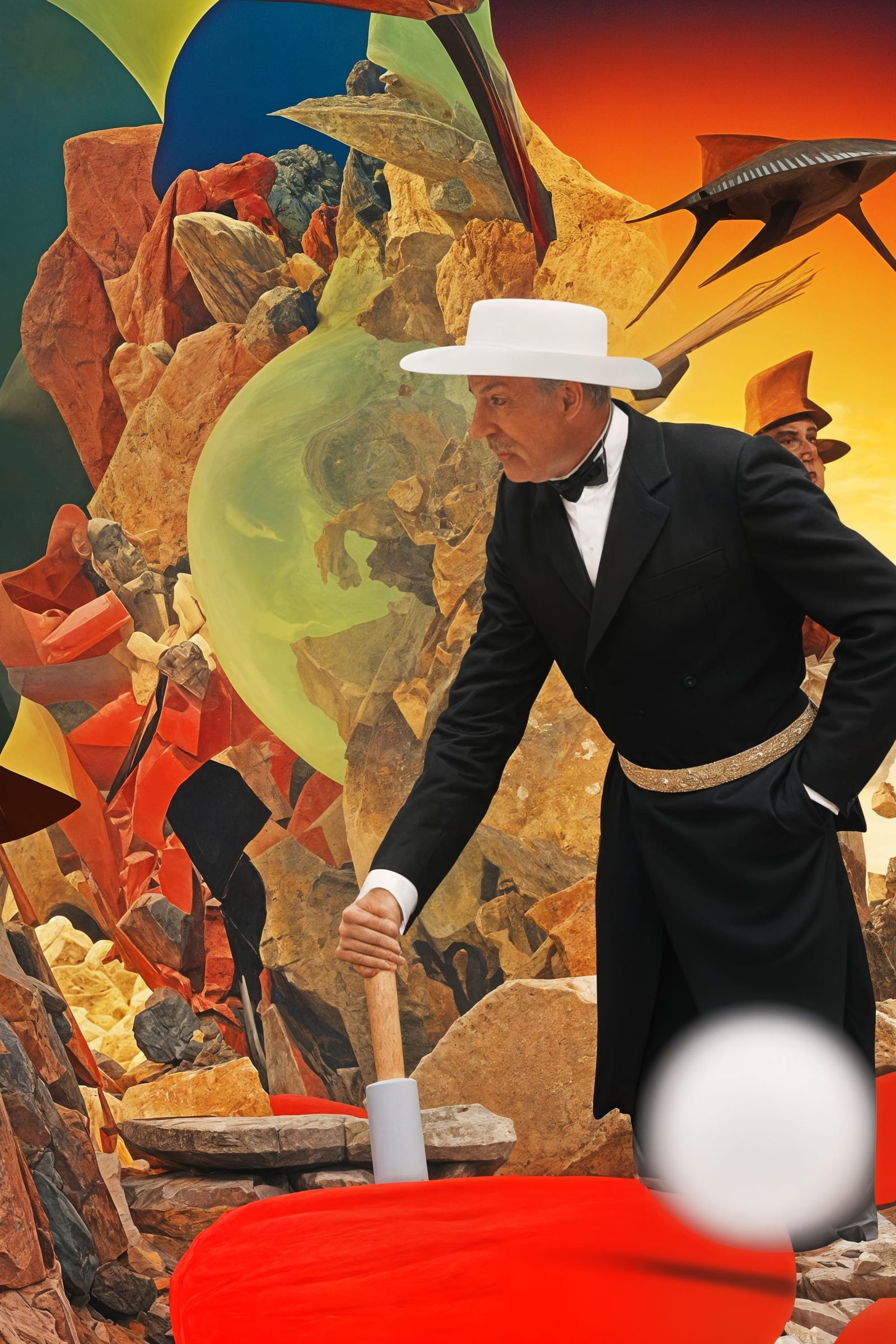 Artist: Wielding a Balsa wood bat - never has hit anyone with it - it's an affectation and his 'fidget'