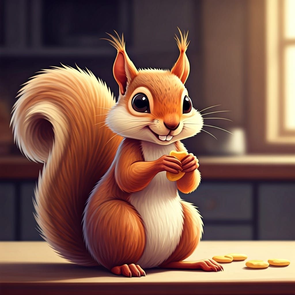 Mischievous Squirrel Stealing Snacks: Cartoon Style Illustra...