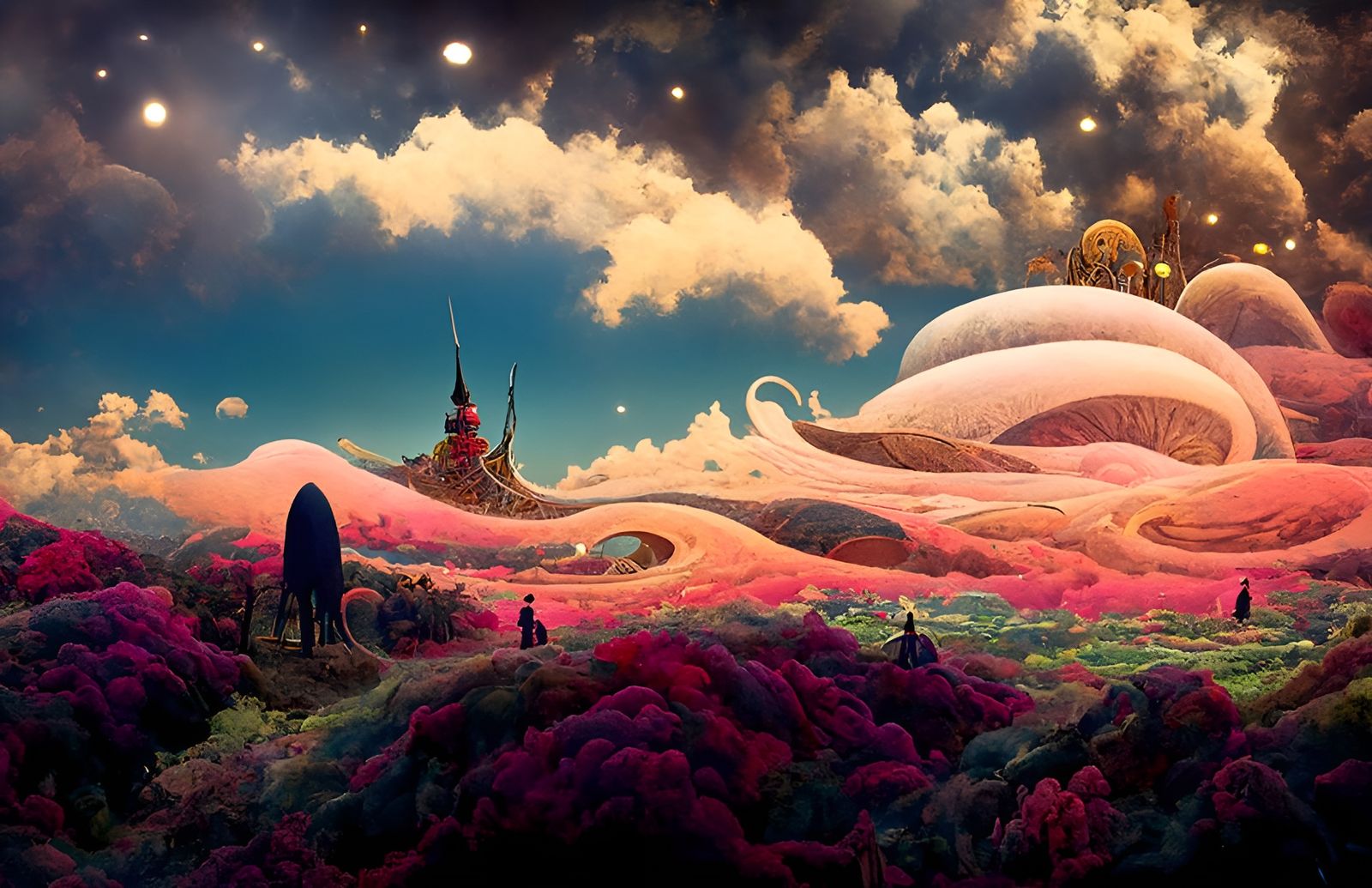 Psychedelic Fantasy Dreamscape in Kinetic Pointillism Style