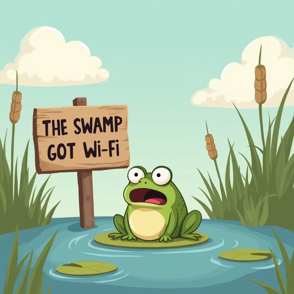 Cartoon Frog Shocked by Swamp Wi-Fi Sign