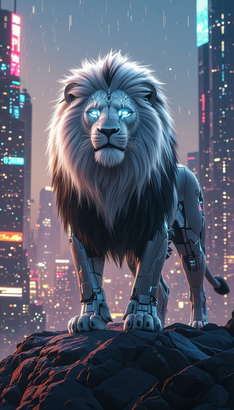Cybernetic Lion Overlooking Neon Metropolis