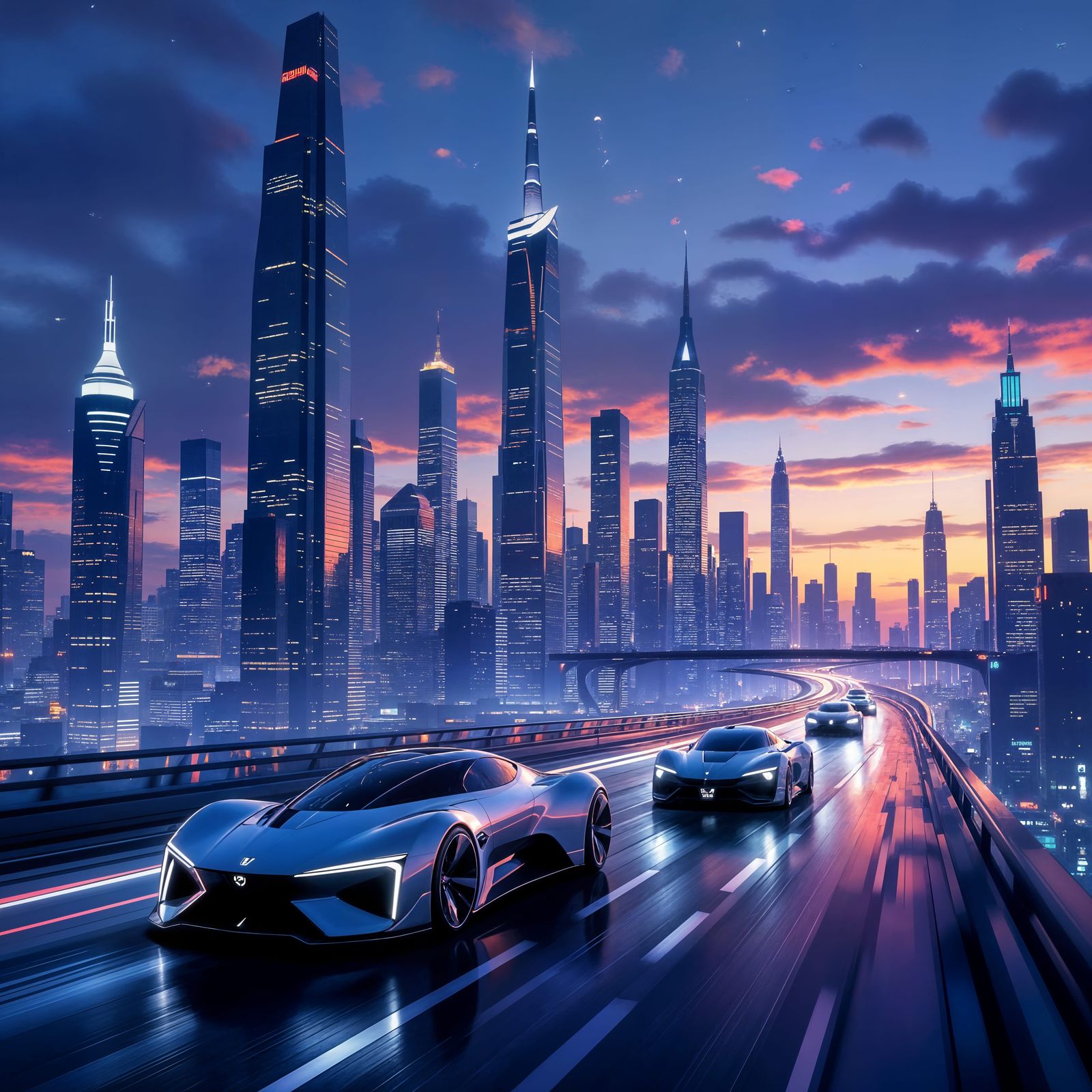 Futuristic Cityscape at Twilight: Hyperrealistic Digital Art