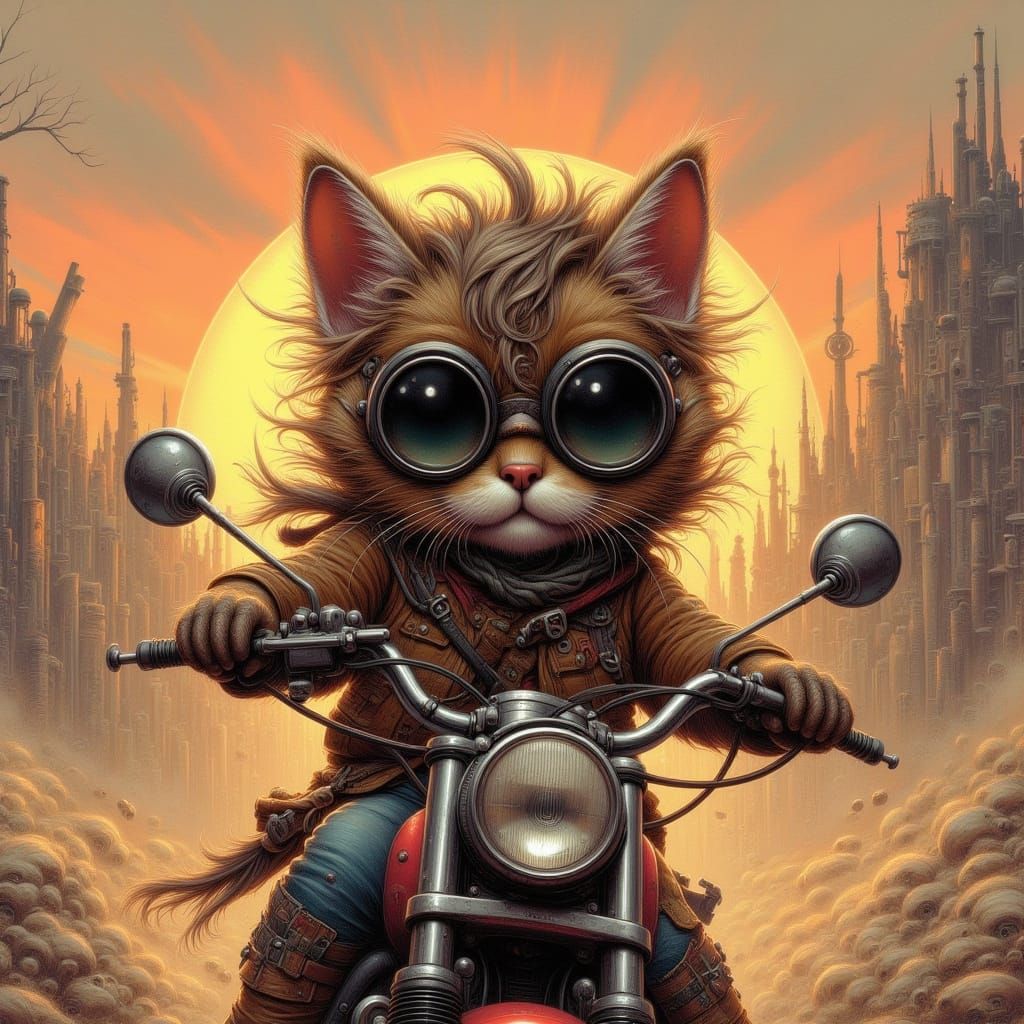 Motorcycle Kitten in Post-Apocalyptic Wasteland