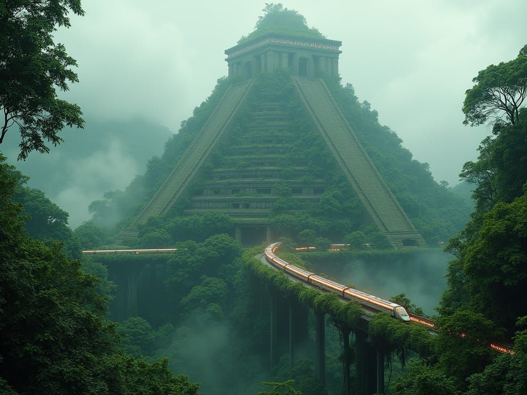 Surreal Solarpunk Ziggurat Emerges from Primeval Forest