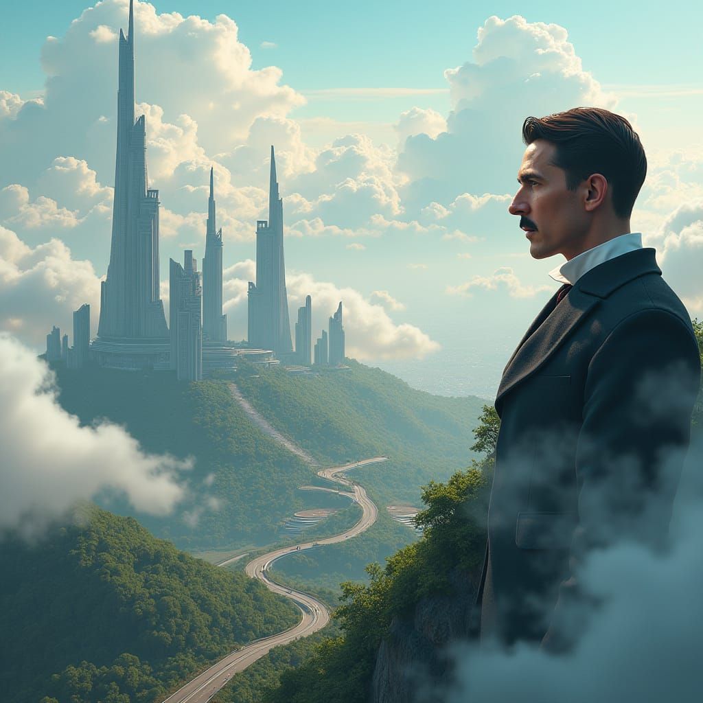 Futuristic Cityscape with Tesla Portrait, Digital Matte Pain...
