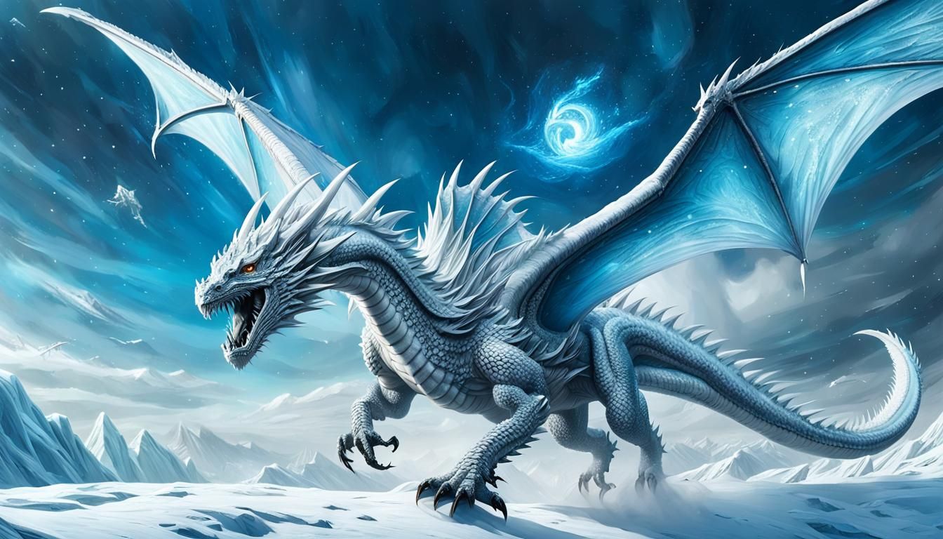 White Dragon Soaring Through Icy Sci-Fi Storm