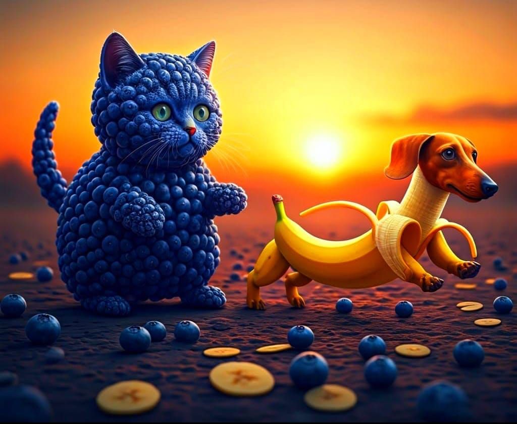 Surreal Blueberry Kitten Chased by Banana Dachshund in Vibra...
