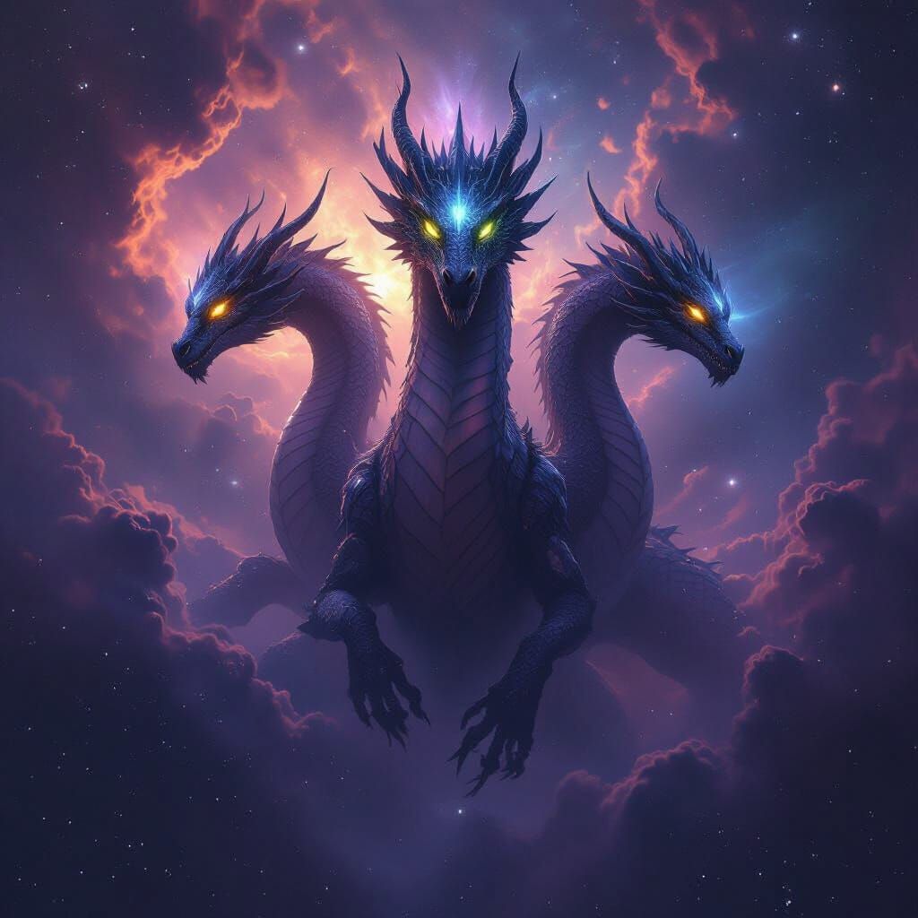 Colossal Three-Headed Cosmic Dragon in Nebula Skin