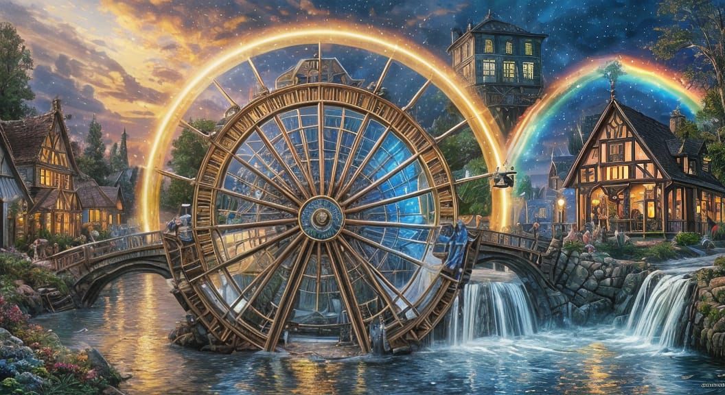 Futuristic Steampunk Waterwheel in a Vibrant Village