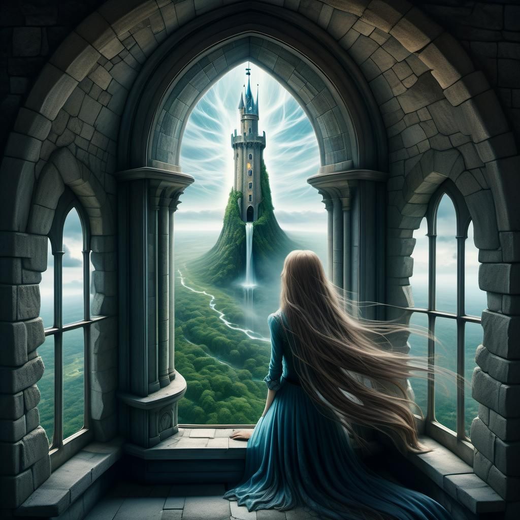 Fantasy Tower Scene with Extraordinarily Long Hair