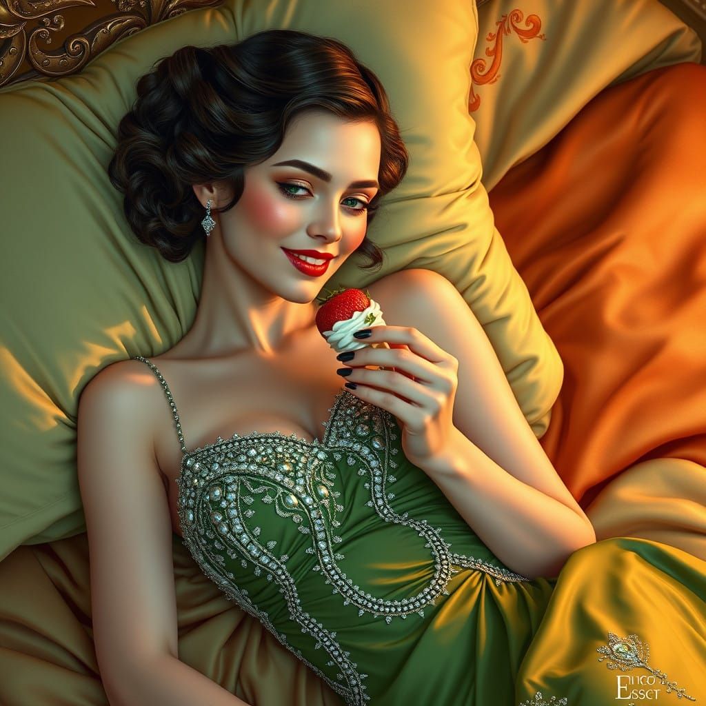 Ethereal Woman in Opulent Evening Gown with Strawberry