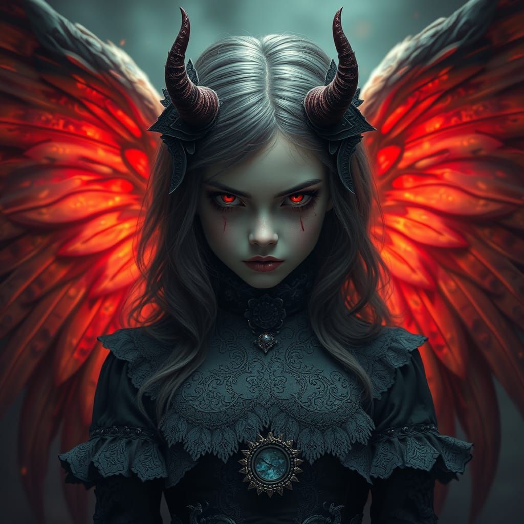 Angry Angel with Devil Eyes in Victorian Attire