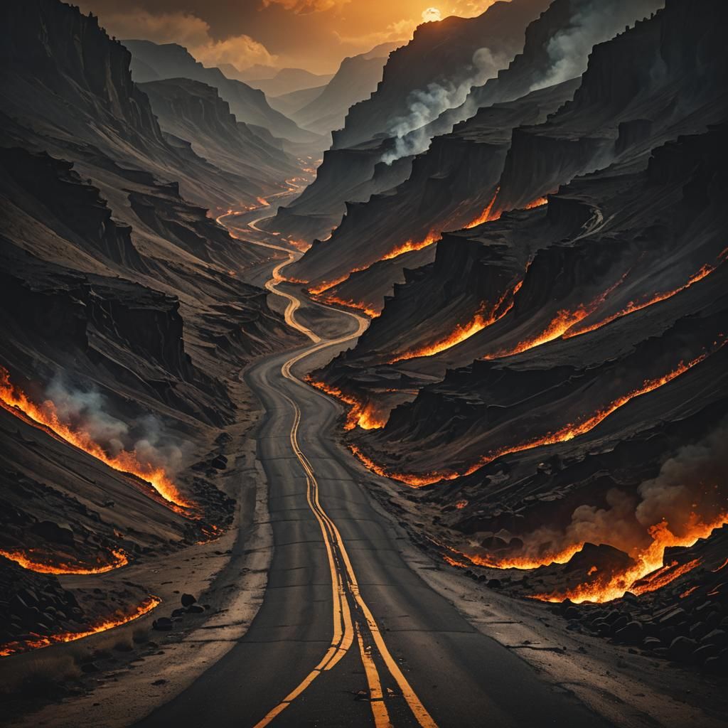 Dark Fantasy: Fiery Road Through Ash Valley