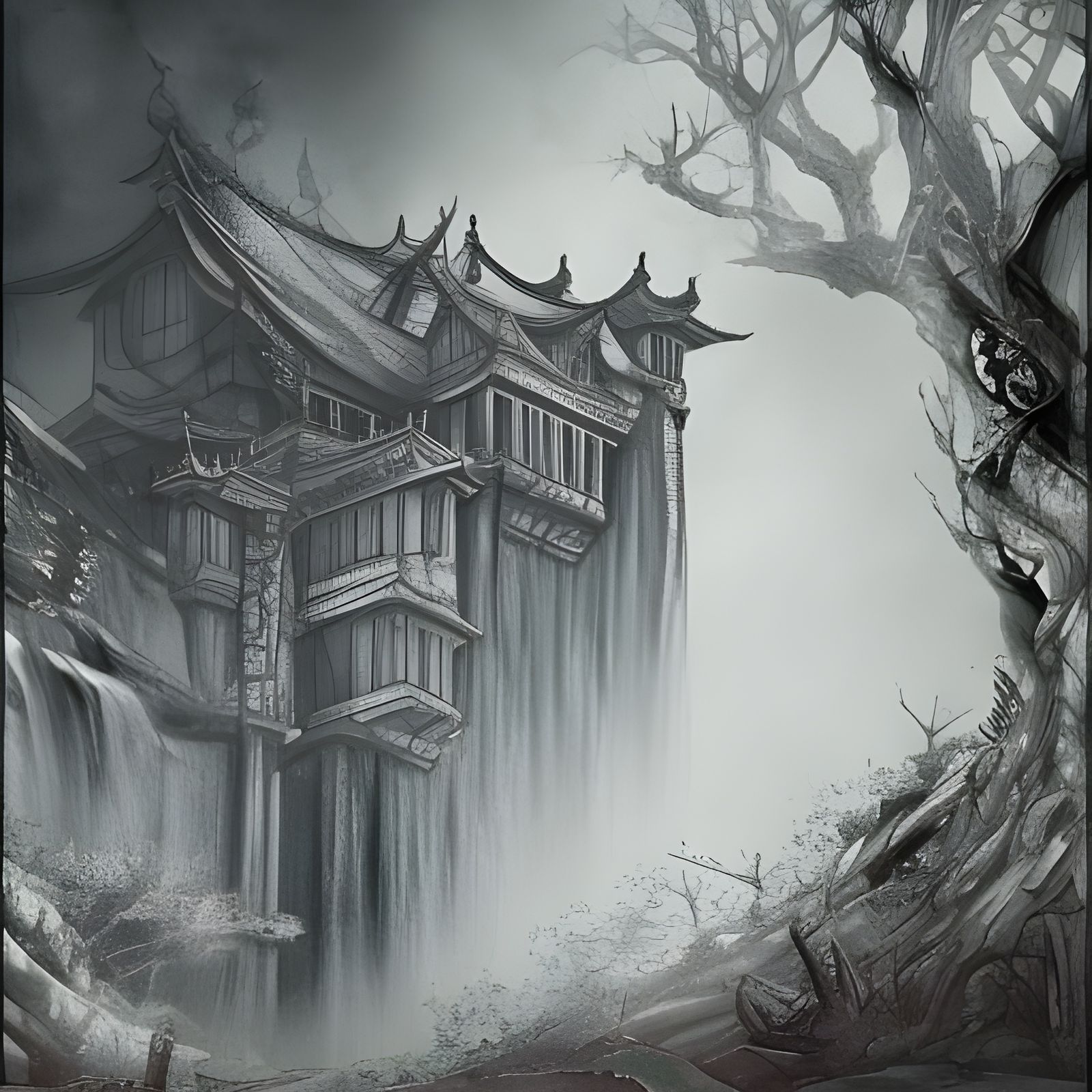 Fantasy Ruin in Ink Wash Watercolor Style