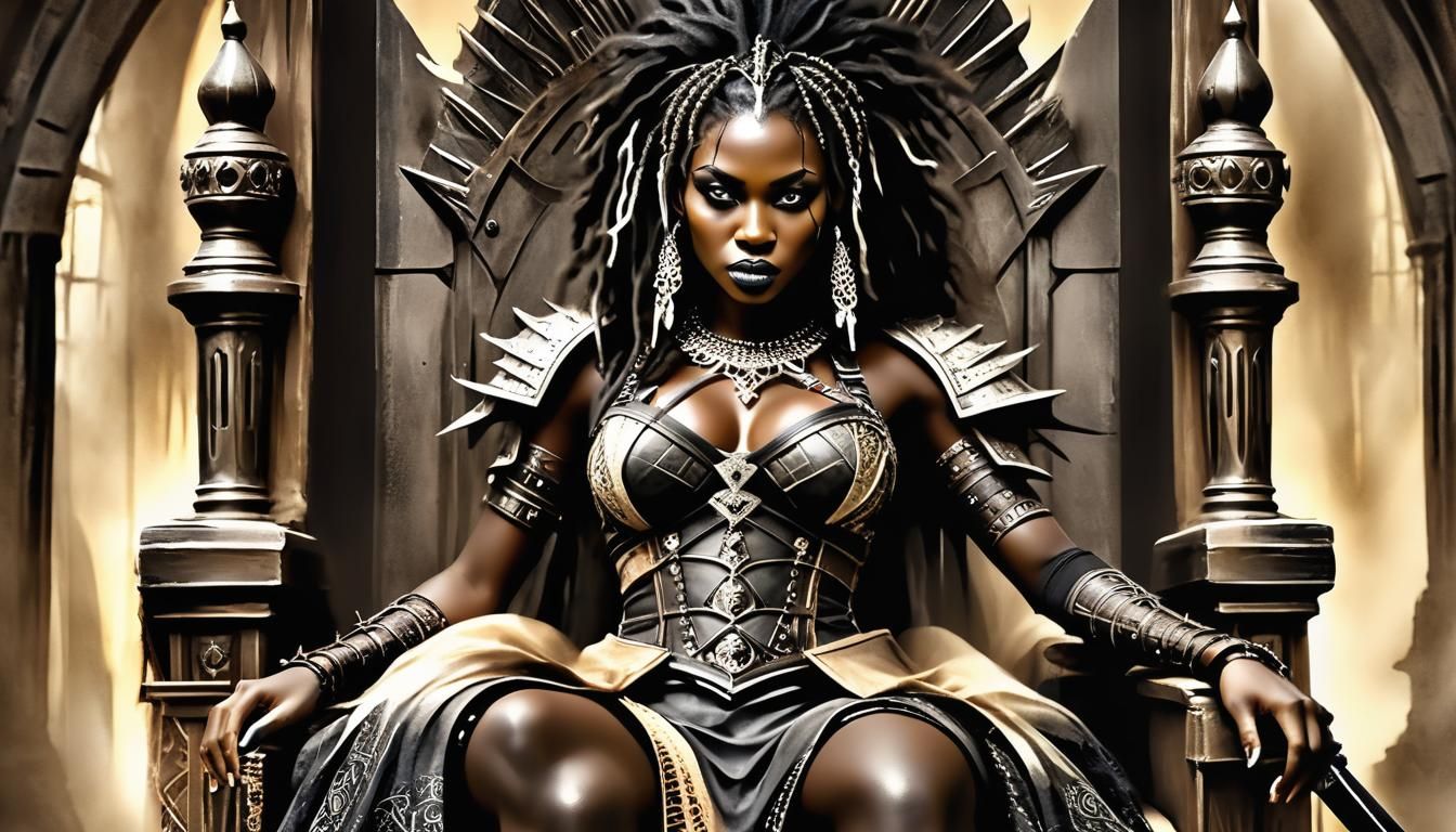 Gothic Tribal Queen on Throne in Hyperrealistic Style