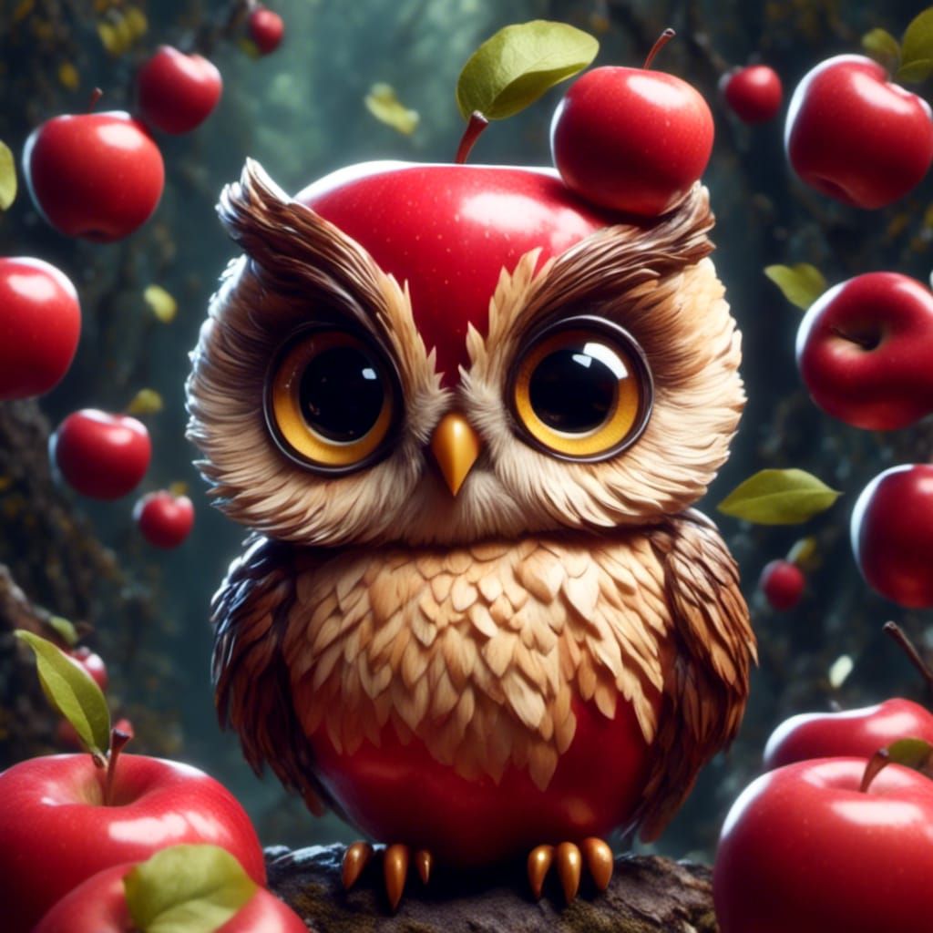 Cute Chibi Apple Owl with Big Eyes