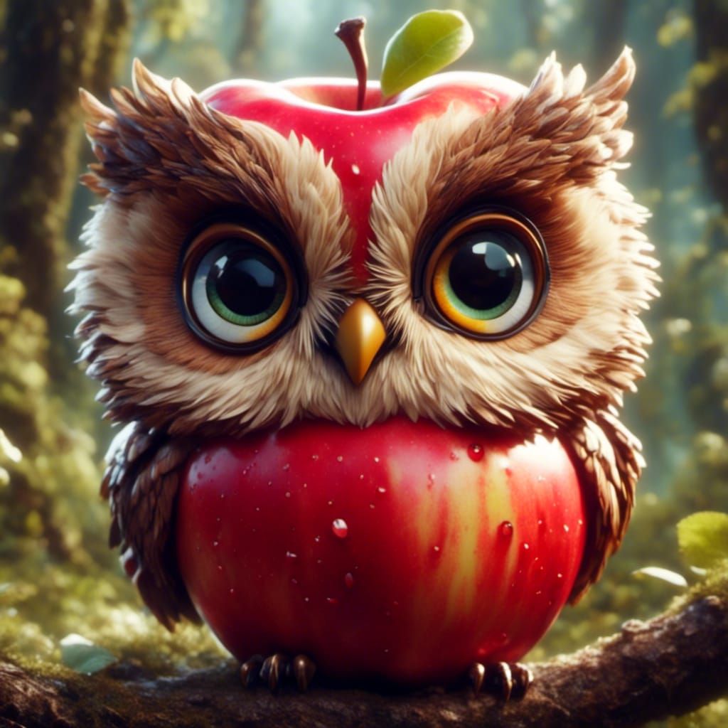 Cute Chibi Apple Owl in Cinematic Style
