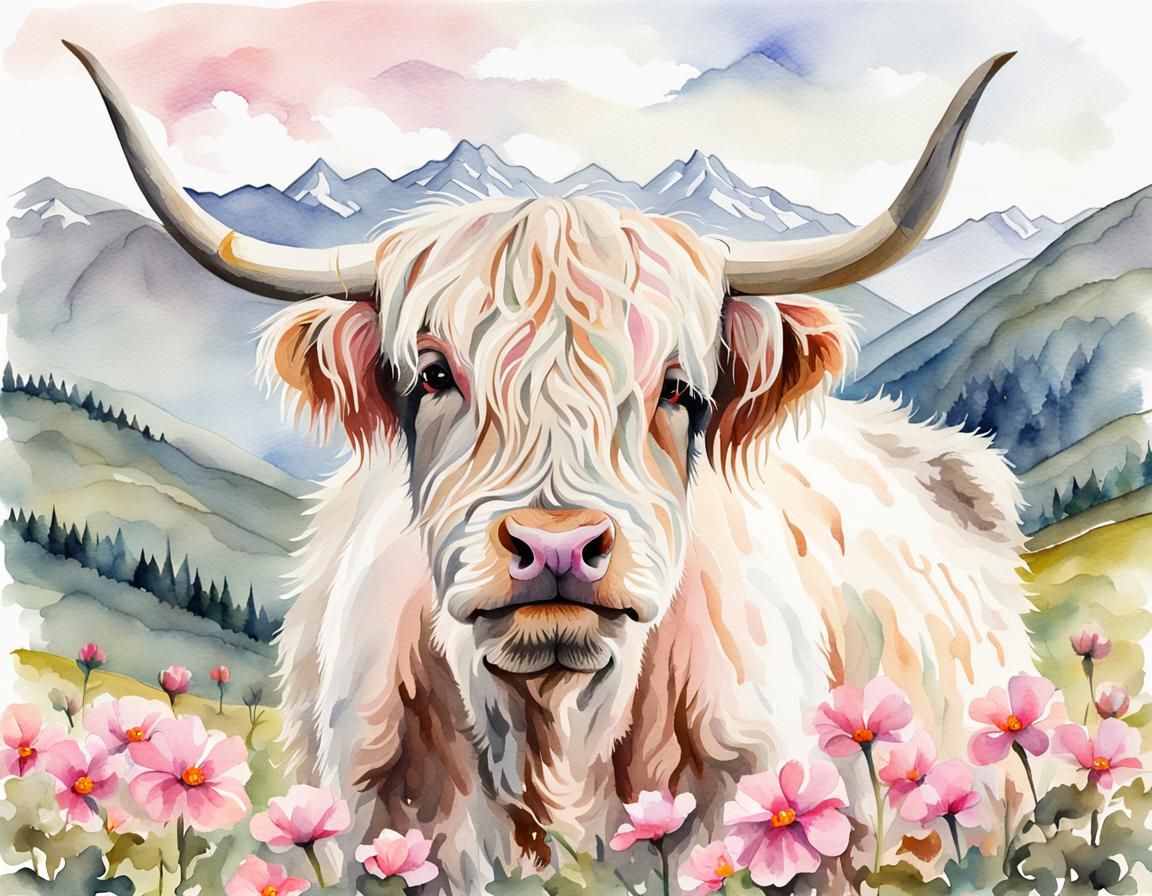 Watercolor Highland Cow in Pink Impatiens Field