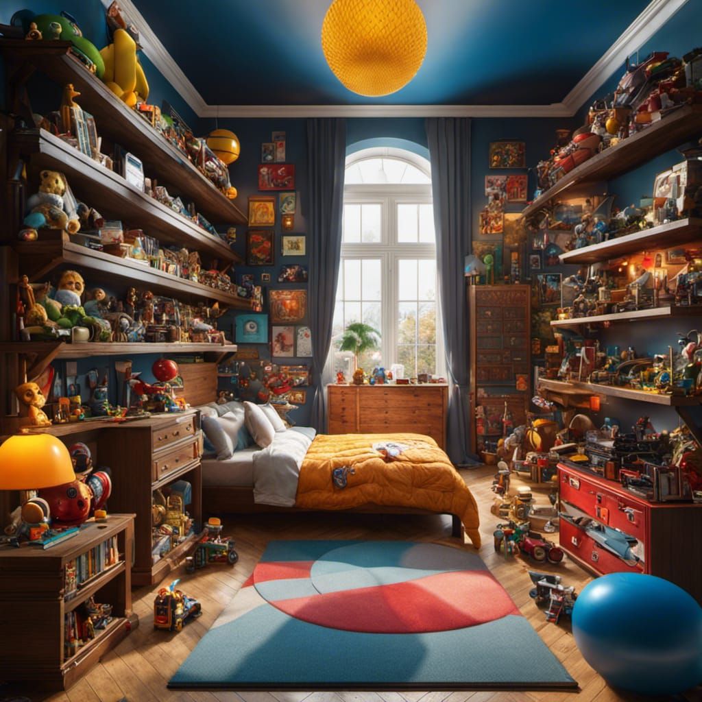Toy-Filled Maximalist Bedroom in Hyperrealism