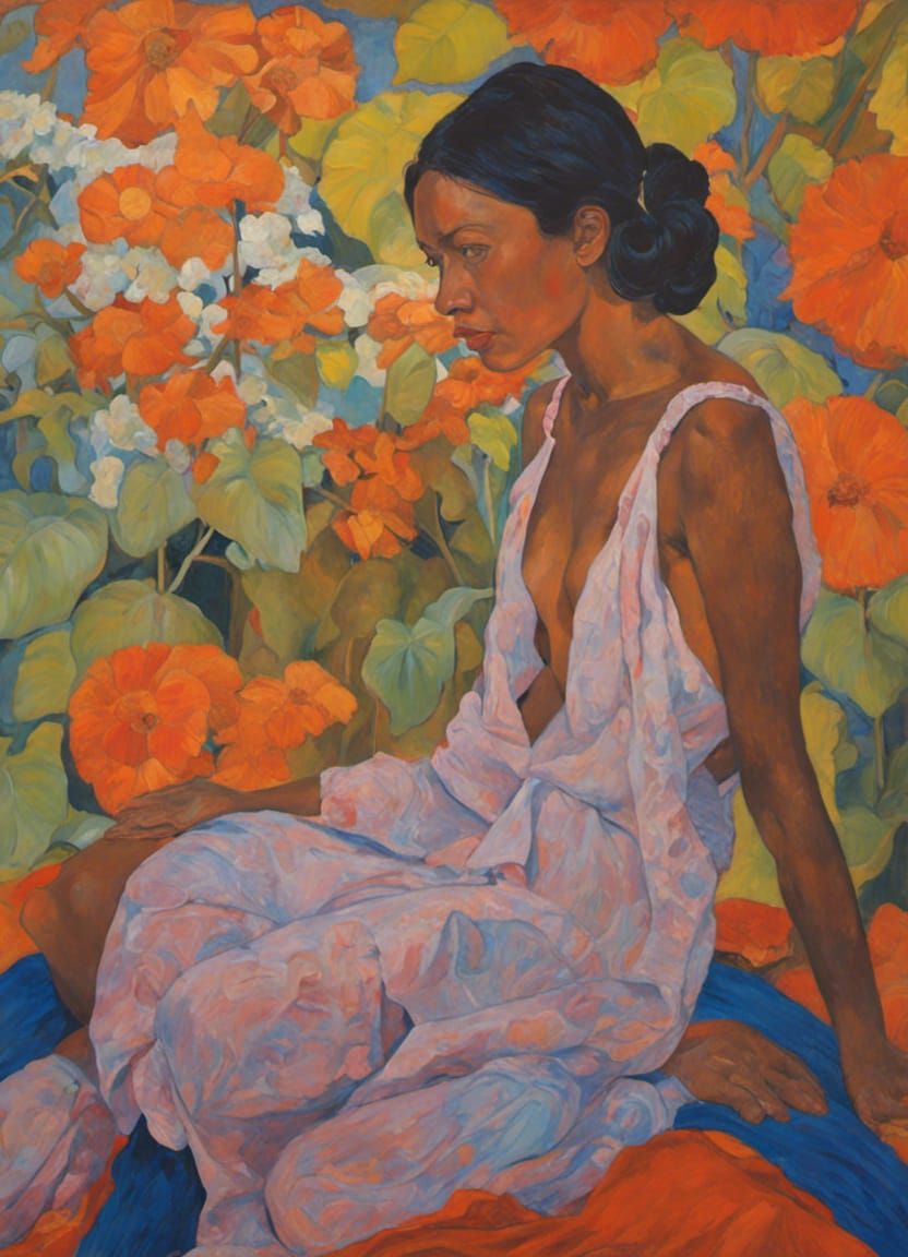 Woman in Flower Field, Gauguin-Inspired Art