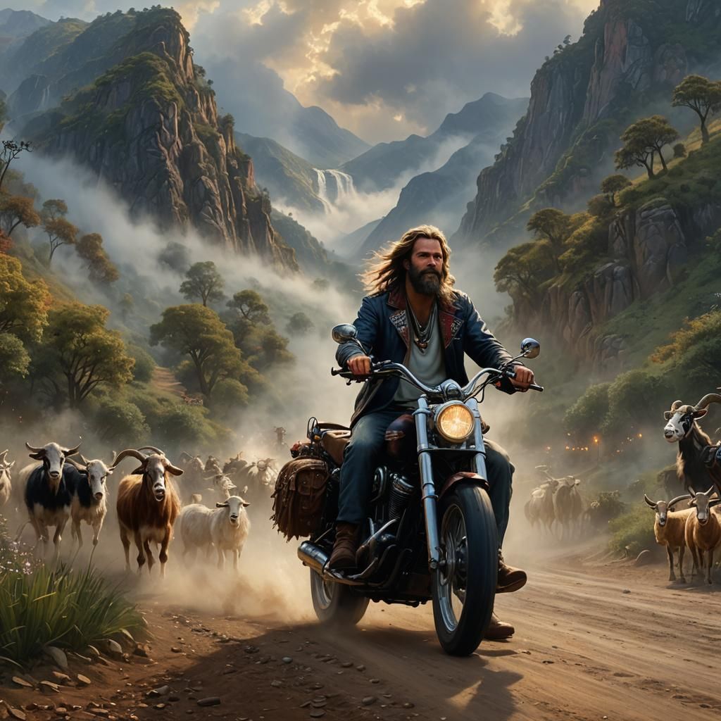 Hippie Biker Meets Goats: Ethereal Digital Painting