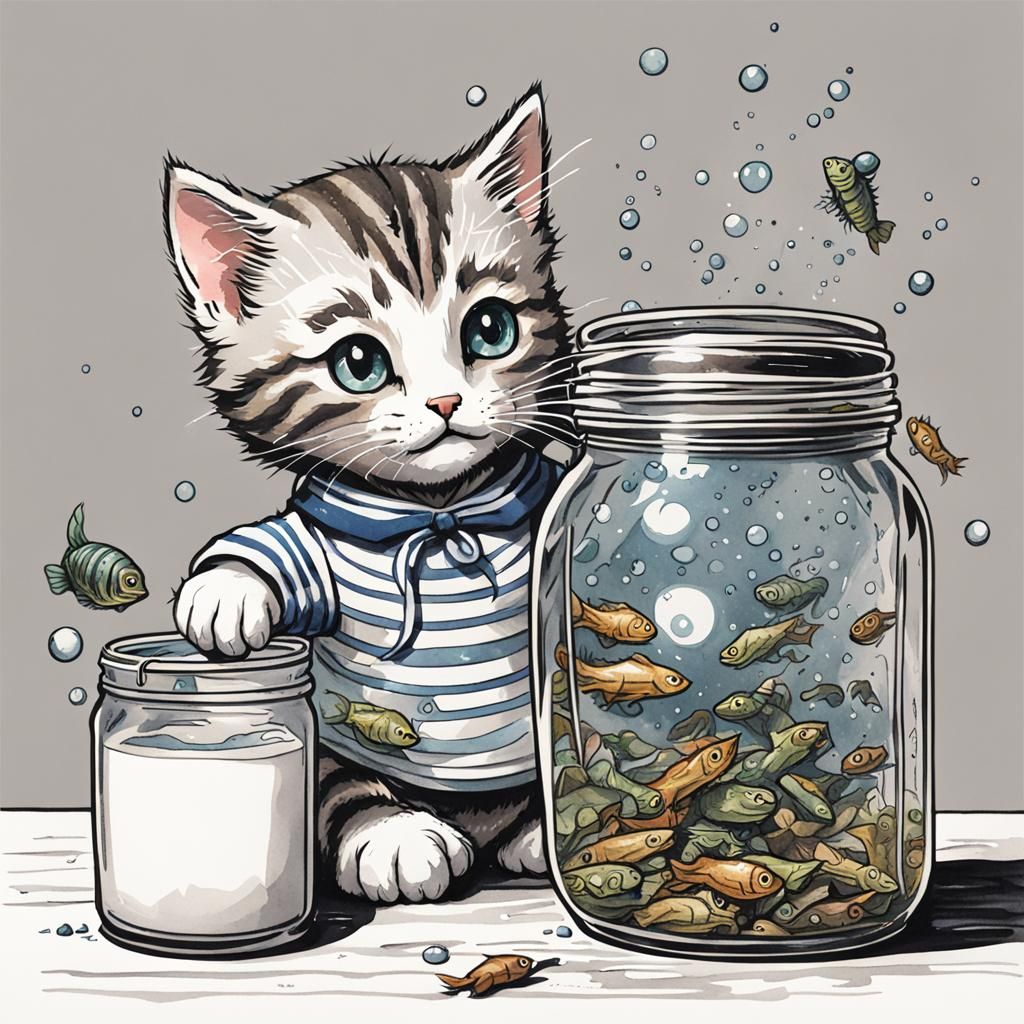 Tabby Kitten in Sailor Suit: Watercolor Comic Art